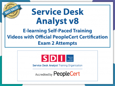 PeopleCert SDI - Service Desk Analyst v8 (SDA)- eLearning and PeopleCert Exam Bundled Offer.